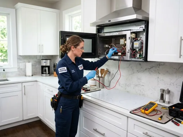 Appliance Repair Hero technician testing an over-the-range microwave in a Alfred, ME kitchen